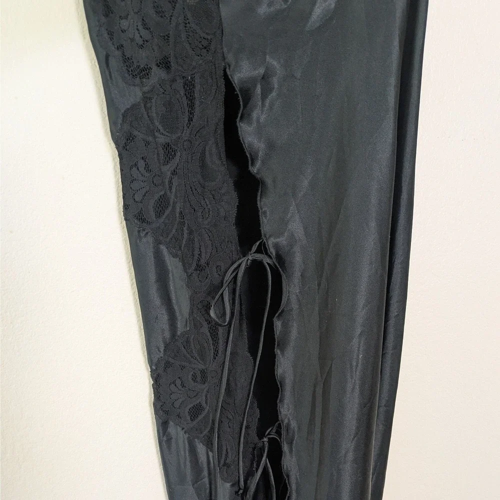 Vintage 80s / 90s Blanche Black Satin Maxi Slip Dress Side Slit Lace and Ties M - Picture 5 of 9